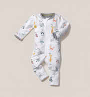 A Kit & Kin alphabet print baby all-in-one made from GOTS-certified organic cotton, designed for newborn comfort and unisex gifting.
