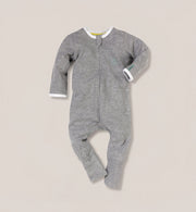 A Kit & Kin grey baby all-in-one made from GOTS-certified organic cotton, designed for soft newborn comfort and everyday unisex wear.