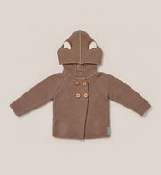 A brown Kit & Kin bear baby cardigan crafted from GOTS-certified organic cotton, designed for newborn comfort and perfect for baby shower gifting. 