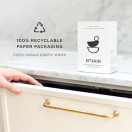 Kit & Kin eco friendly dishwasher tablets come in recyclable cardboard packaging and are individually wrapped in a biodegradable wrapper