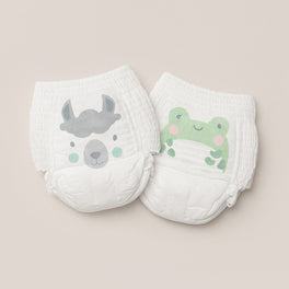 Kit & Kin nappy pants with llama and frog animal prints, sizes 4 to 8