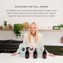 Emma Bunton with Kit & Kin laundry bundle of detergent and fabric conditioner, and the test of the refillable and plant-based, eco-friendly cleaning products for family homes