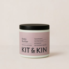 Close-up of Kit & Kin natural body butter for new and pregnant mums, luxurious non-toxic hypoallergenic skincare for dry and sensitive skin