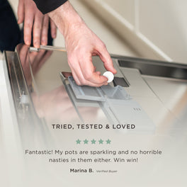 Real customer review of non-toxic dishwasher tablets praised for effective plant-based cleaning and being safe for babies and family homes