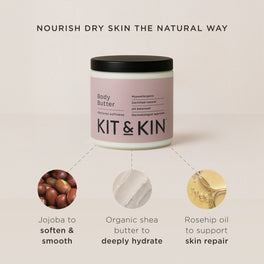 Kit & Kin natural hypoallergenic body butter with organic shea butter, rosehip oil and jojoba oil for nourishing and softening skin