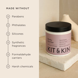 Kit & Kin hypoallergenic and non-toxic body butter free from parabens, phthalates, silicones, synthetic fragrances and harsh chemicals